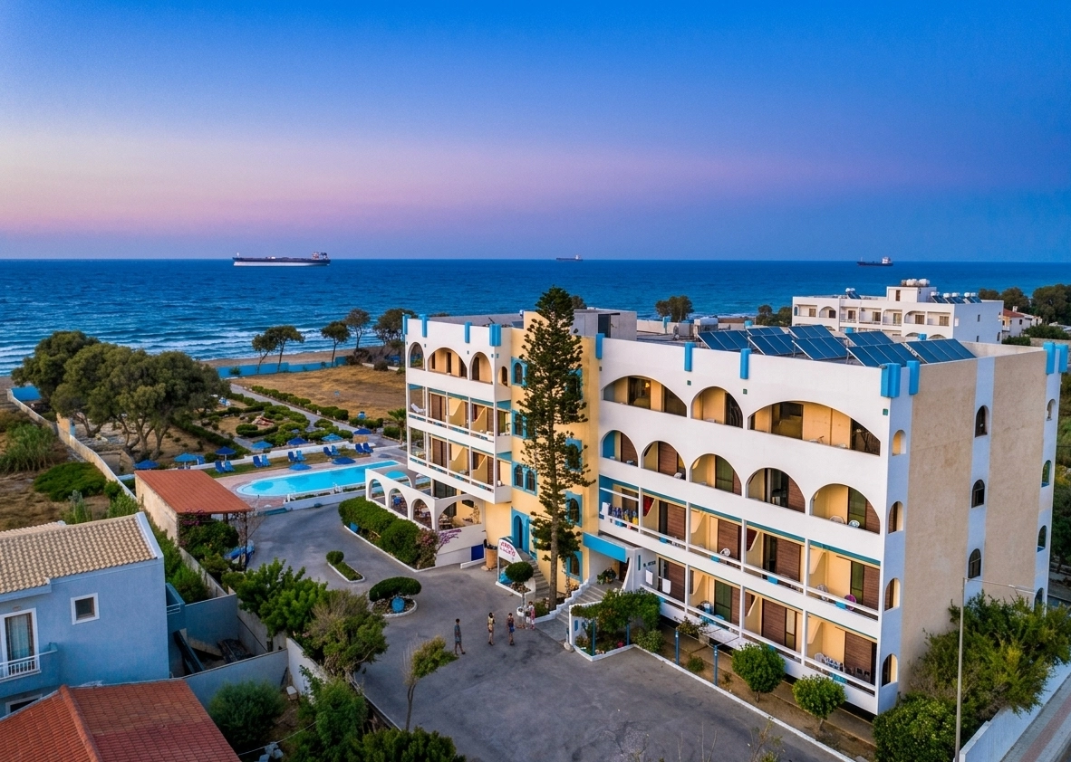 Hotel Tsagarakis Beach aerial view at sunset, overlooking the Cretan sea in Amoudara