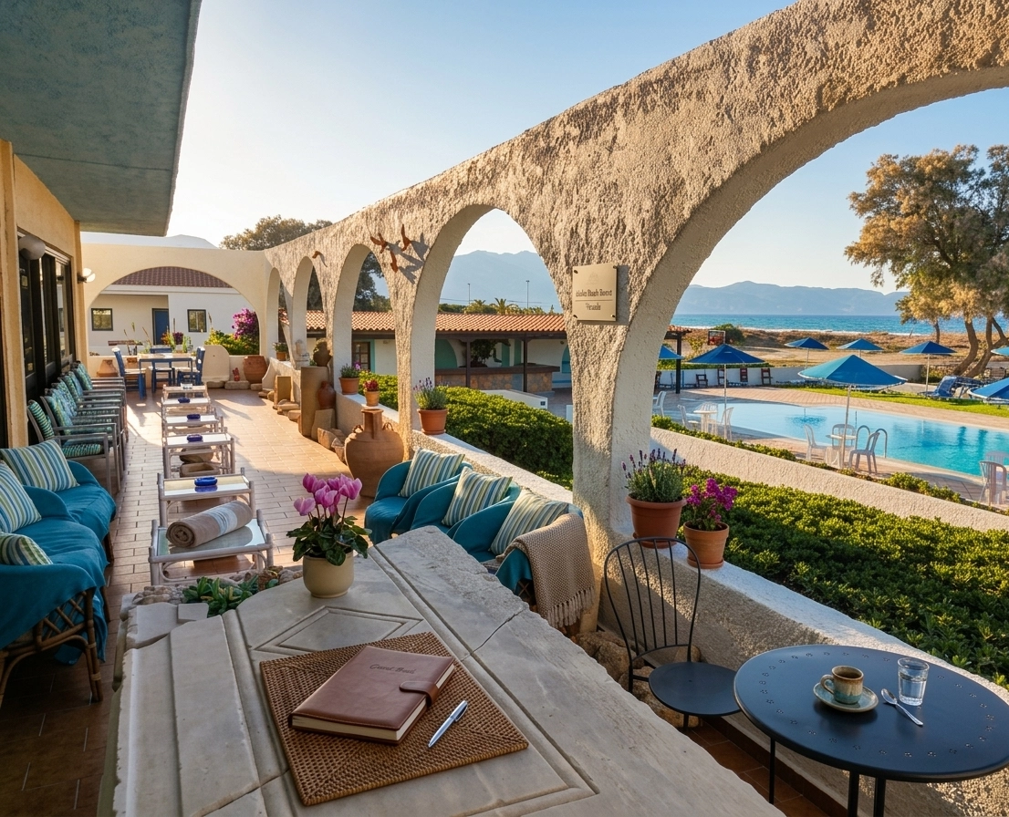 Shaded arched terrace with sun loungers, garden and pool at Hotel Tsagarakis Beach