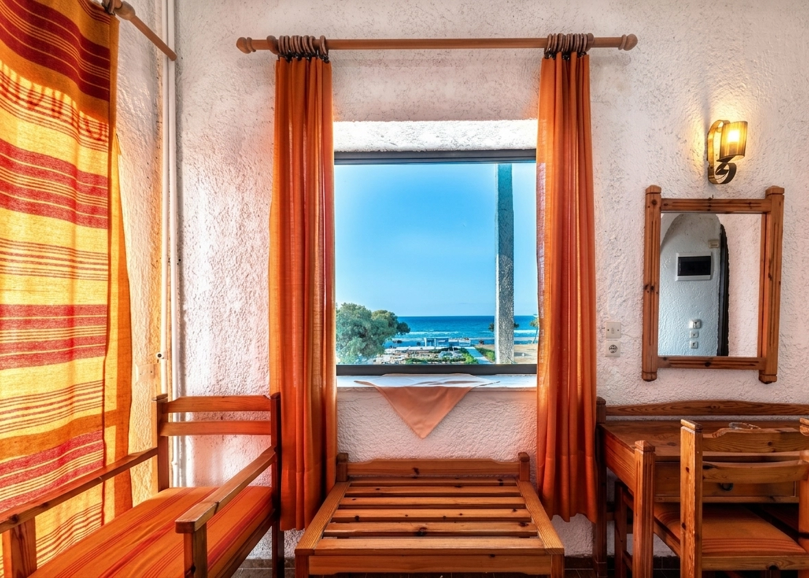 Twin Room with sea view at Hotel Tsagarakis Beach, looking out over the Cretan sea